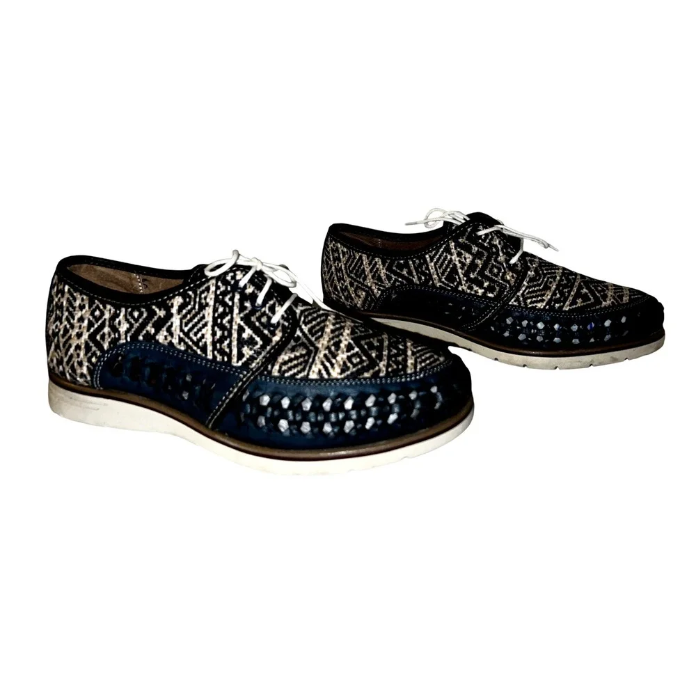 Huaraches Playera Men Navy Blue Woven Leather Geometric Lace Up Shoes Mexico
